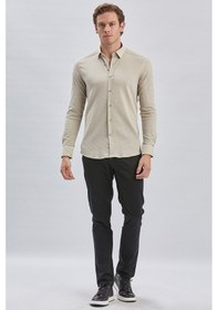 Resim İmza Erkek Uzun Kollu Biritli Yaka Biyeli Likralı Casual Slim Fit Dar Kesim Gömlek 1004240232-bej Bej 