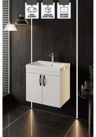 Resim Karen Banyo Ege 60 Cm, Lavabolu Alt Banyo Dolabı, Kapaklı Banyo Alt Dolabı, Seramik Lavabo Dahil Beyaz 