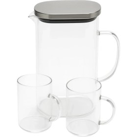 Resim 1800 ml Cam Sürahi ve 2’li Bardak Seti - Paslanmaz Çelik Kapaklı Dayanıklı Şeffaf Su, Çay, Meyve Suyu Servis Seti 
