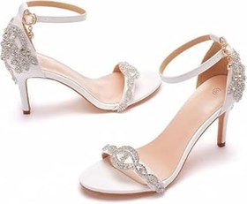 Resim Kadın Beyaz Yüksek Topuklu Sandalet, Parlak Elmas Akşam, Düğün, Parti, Gelin, Ayak Bileği Sargısı, Stiletto Topuklu Sandalet Ayakkabı 