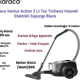 Resim Karaca Vantuz Action Force 2 Lt Toz Torbasız Hazneli Action Force Elektrikli Süpürge Black 899 W + Dijital Mutfak Tartısı Hediye 