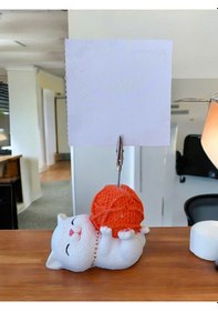 Resim Turuncu Yumaklı Yatan Kawaii Kedi Temalı Not Tutacağı Fotoğraf Tutacak Tutucu Ofis Hediyelik Turuncu 