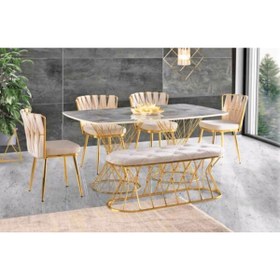 Resim Viento Mobilya Milano Sabit Rambla Highgloss Pota Ayak Masa Takımı 4 Adet Gold Örgülü Ay Sandalye 1 Adet Bench 