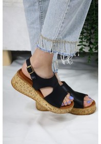 Resim Asmi Shoes Kadın Elena Mantar Taban Ortopedik Sandelet Siyah Siyah 