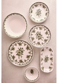 Resim Antik Yeşil 27 Parça 6 Kişilik Seramik Yemek Takımı Vintage Çiçek Desenli Yuvarlak Servis Seti Yesıl Yeşil 