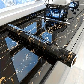Resim 1 Adet Lüks Siyah Mermer Vinil Duvar Kağıdı - Altın Damarlı Kendinden Yapışkanlı Çıkarılabilir Mutfak Arka Planı, 60cm x 5m, 2mm Kalınlıkta Peel & Stick Modern Ev Dekoru için Duvar Kağıdı, Dayanıklı Kolay Kurulum Tezgah Örtüsü, Mutfak İçin Duvar Kaplama, Şık Tasarım, Yüksek Kalite Bitiş, Dekoratif Film, DIY Tutkunları 