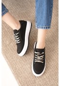 Resim D094 Kadın Sneaker Yüksek Taban Bağcıklı Bez Spor Ayakkabı Siyah 