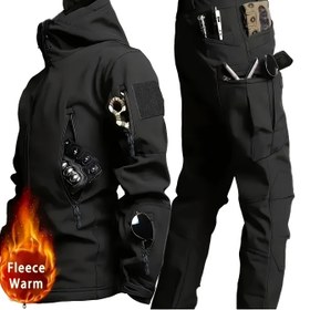 Resim Sonbahar ve kış polar taktik seti, kapüşonlu cargo ceket ile açık hava takti pantolon, ısıtıcılı nefes alabilir, dış mekan spor savaş seti, dayanıklı dağcılık ekipmanları balıkçılık kar yağmuru erkekler için unisex üniforma, soğuk havalarda koruma, öncelikli malzeme polarlastırma giyim macera seyyahat eden yürüyüşçiler 