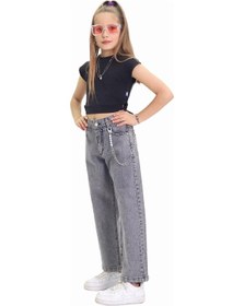 Resim Gzt Tekstil Kız C Ocuk Pantolon Metalik Zincir Detaylı Bol Paça Kız Çocuk Kot Pantolon 6-15 Yaş Denim 