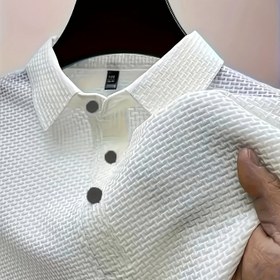 Resim Erkekler için Kısa Kollu Jakarlı Mesh Buzlu İpek T-Shirt - Yazlık Düz Renk, Nefes Alabilen Polyester, Düğme Detaylı Rahat Yaka, Düzenli Kesim, Geometrik Desen, Rahat ve Hafif Giyim İçin Uygun, Nefes Alabilen Gömlek | Geometrik Desen Gömlek | Pürüzsüz Dokusu 