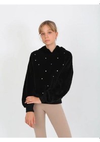 Resim Kız Çocuk Taşlı Peluş Kapüşonlu Sweatshirt-14827 Siyah 
