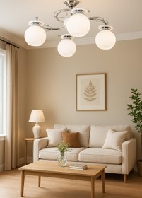 Resim KUZENLER Krom Metal Gövde 4’lü Beyaz Cam Modern Tavan Avizesi 