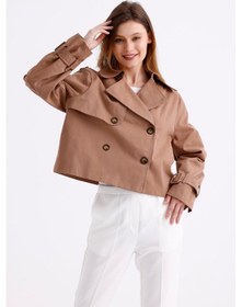 Resim Pastelastore %100 Pamuk Gabardin Astarlı Oversize Geniş Kalıp Kadın Crop Kısa Trençkot 1122 Koyu Bej 