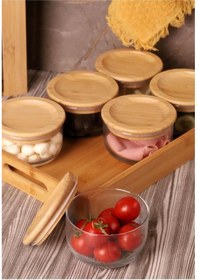 Resim Duo 300 Ml Silikonlu Bambu Kapaklı Cam Kahvaltılık Lüx Kahvaltılık Sunum Seti Kahverengi 