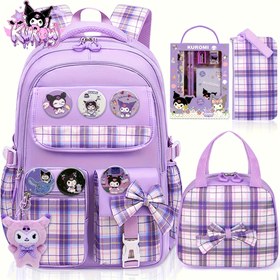 Resim Kuromi Büyük Kapasiteli Sırt Çantası, Öğle Yemeği Çantası, Kalem Kutusu ve Kırtasiye Seti ile 6 Rozetli Kolye Dahil, Mor Sanrio kuromi için Ayarlanabilir Askılı Büyük Kapasiteli Sırt Çanta Seti 