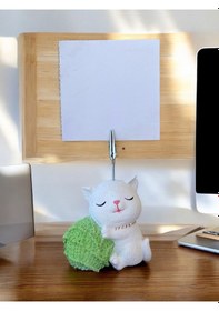 Resim Yeşil Yumak Tutan Oturan Kawaii Kedi Temalı Not Tutacağı Fotoğraf Tutacak Tutucu Ofis Seti Hediyelik Yeşil 