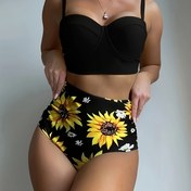 Resim Şık Yüksek Bel Güneş Çiçeği Baskılı Bikini Takımı, Askısız Polyester Örgü Kumaş ile Elastan, Yüksek Esneklikli Çiçekli İki Parça Mayo ile Düğmeli Detay 
