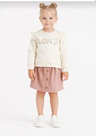 Resim Kız Çocuk "loved" Nakışlı Sweatshirt Ve Kadife Etek İkili Takım-107581b Beyaz 