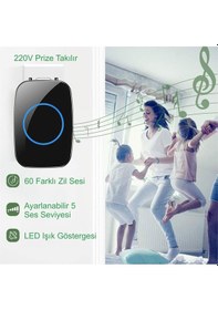 Resim 2 Buton 1 Alıcı Kablosuz Kapı Zili Led Göstergeli Siyah, 300 M Güçlü Çekim, 60 Melodi, Yüksek Ses Ayarlı 