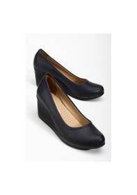 Resim Dilimler Ayakkabı Dolgu Taban Suni Deri Ortopedik Lacivert Siyah Kadın Dolgu Topuklu Ayakkabı-3426 Lacivert 