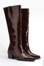 Resim DENORA Bordo Kırışık Rugan Düz Binici Western Kovboy Bot Çizme 