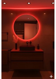 Resim Digital Hayat Buğu Çözücü Dokunmatik Dimlenebilir Yuvarlak Ayna Kırmızı Işıklı Led Dekoratif Banyo Makyaj Aynası 50cm - 80cm Kırmızı 