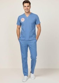 Resim Unisex Alaska Mavisi Doktor Hekim Scrubs Takım, V Yaka, Likralı, Nefes Alan, Sağlık Bakanlığı Yönetmeliğine Uygun 