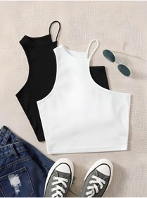 Resim Teenystore Kadın Crop Bluz Siyah-beyaz Ip Askılı Tek Omuz 2'li Paket 