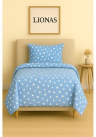 Resim Tek Kişilik Desenli Nevresim + 1 Adet Kapaklı Yastık Kılıfı Gök Mavi 