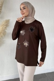 Resim Taşlı Tesettür Anne Penye Bluz Kahve TZL-P-00021462 
