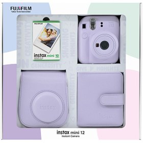 Resim Fujifilm Instax Mini 12 Lila Fotoğraf Makinesi - 10'lu Film Kare Albüm ve Deri Kılıf Bundle Box 