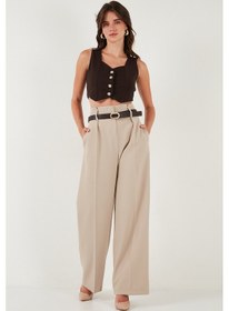 Resim Lela Slim Fit Kalp Yaka Düğmeli Kalın Askılı Crop Bayan Yelek 5865497 Kahve 
