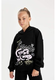 Resim DeFacto Kız Çocuk Siyah Oversize Geniş Kalıp Kapüşonlu Baskılı Sweatshirt D0614A824AUBK81 Siyah 