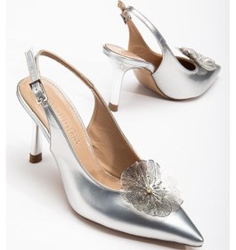 Resim Kadın Abiye Stiletto Gümüş Rugan Metal Çiçek Aksesuarlı Galvaniz Ökçe Kaplamalı-3672 Gümüş 