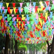 Resim 100 adet Renkli Üçgen Bayrak Dizisi - Dış Mekan, Kutlama, Festival, Bahçe, Parti, Ev Dekorasyonu, Genel Kutlama, Doğum Günü ve Düğün Kutlaması için Dayanıklı, Tekrar Kullanılabilir Bandı - Elektrik Gerektirmez 