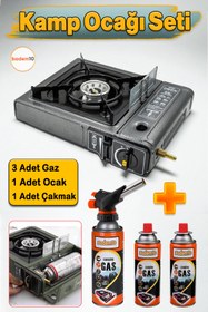 Resim Badem10 3'lü Gaz Taşınabilir Portatif Kamp Ocağı Tekli Tek Gözlü Gri Renk Kartuşlu Piknik Tüp Bağlantı Ocak 