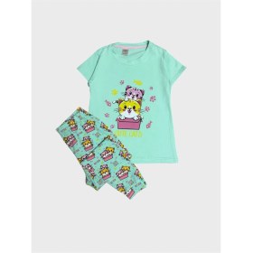 Resim Elmas Kids Kız Çocuk %100 Pamuklu Yeşil Kedi Desenli Kısa Kollu Altı Uzun Yazlık Pijama Takımı 