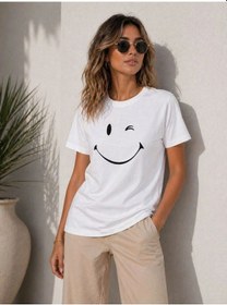 Resim Kadın Minimal Gülümseyen Yüz Baskılı Tişört Kısa Kol Yazlık T-shirt - Beyaz 