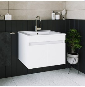Resim Banos Ld3 Ayaksız 2 Kapaklı Lavabolu Beyaz 65 Cm Banyo Dolabı Beyaz 