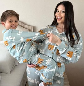 Resim Pollito Unisex Çocuk Önü Düğmeli Mavi Ayıcık Sleep Desenli 2 Parça Pijama takımı 