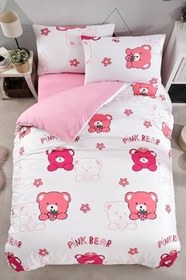 Resim Çarşafı Lastikli Doğal Sağlıklı Pamuk Ayıcıklı Bear Panda Tek Kişilik Çocuk Nevresim Takımı, Pembe 