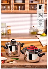 Resim Emsan Vera 2'li Düdüklü Tencere Seti 4+6 Litre Kırmızı Gümüş - Kırmızı 