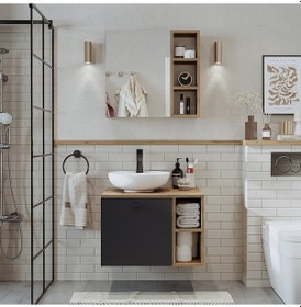 Resim Lotus Lavabolu Mdf 65 Cm Banyo Dolabı + Aynalı Üst Dolap Atlantik Çam - Antrasit 