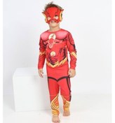 Resim Flash Kostümü + Maskee - Flaş Çocuk Kostümü - Flaş Kostümü - Tulum Kostüm Flash-kostum Kırmızı-s 