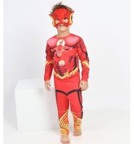 Resim Flash Kostümü + Maskee - Flaş Çocuk Kostümü - Flaş Kostümü - Tulum Kostüm Flash-kostum Kırmızı-s 