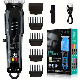 Resim Bir Şık Profesyonel Erkek Elektrikli Saç Makinesi, Şeffaf Gövdeyle, LCD Ekran, Yüksek Güç, USB Şarj Edilebilir Lityum Pil ve Sınırlı Taraklı Birlikte Gelir. ABS Plastikten Üretilmiştir, 10 Farklı Bayram İçin İdeal Bir Seçenektir (Noel, Cadılar Bayramı, Paskalya, Sevgililer Günü, Şükran Günü vb.). 