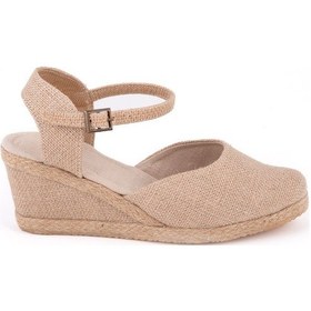 Resim Gerçek Elişi Hasır Rengi Topuğu Açık Keten Espadril Dolgu Topuk Handmade Hasır 