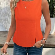 Resim Kadınlar için Canlı Turuncu Kolsuz Yuvarlak Yaka Tank Top Yan Yırtmaçlı - Günlük Yazlık H-Line Silüet, Makinede Yıkanabilir Düzenli Kalıp Her Mevsim Giyimi, Bayan Tank Üstleri 