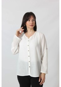 Resim Moda Berray Bb-0269 Keten Kolu Apoletli Sıfır Yaka Büyük Beden Beyaz Gömlek Beyaz 