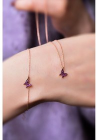 Resim Papatya Silver 925 Ayar Gümüş Rose Kaplama Fuşya Zirkon Taşlı Mini Kelebek Kolye ve Bileklik Set 